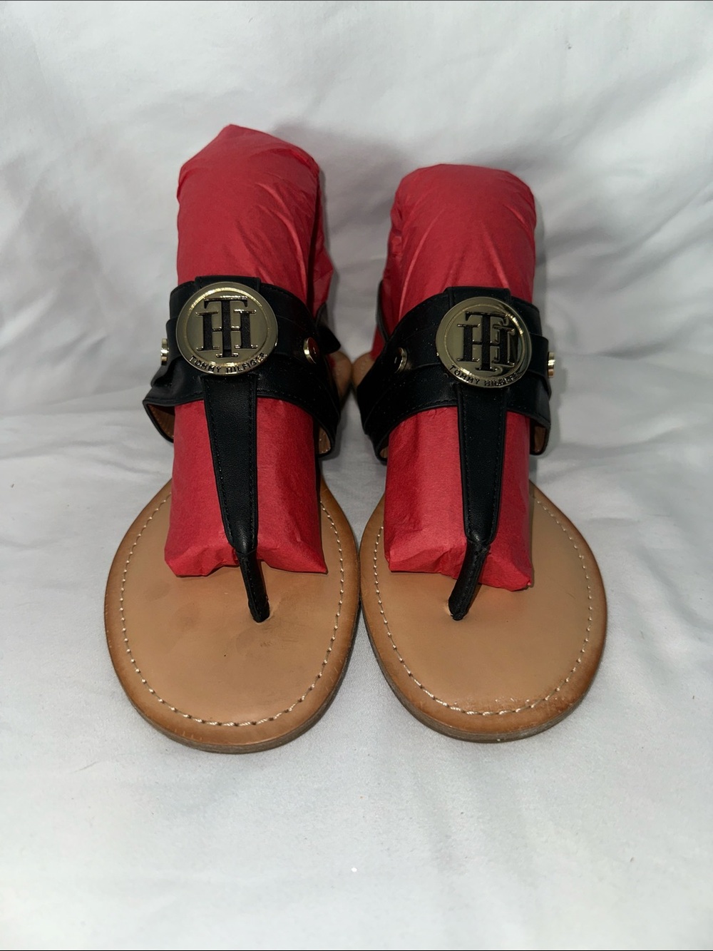 Tommy Hilfiger Black Leather T-Strap Sandals with Gold Logo